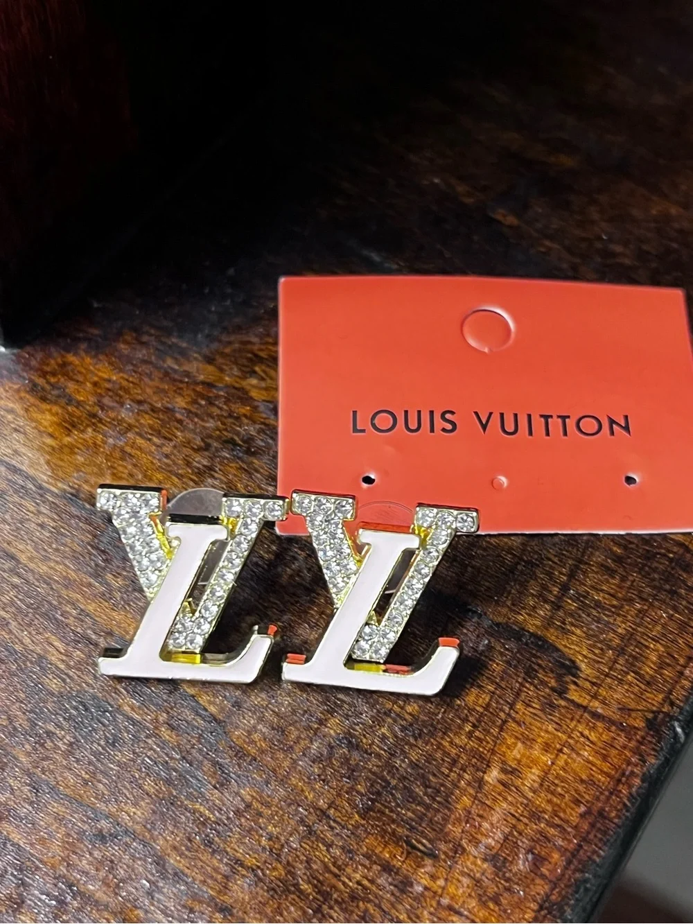 Designer pink enamel and Gold with Crystal LV Logo Stud Earrings - Gold/Crystal - Picture 7 of 7
